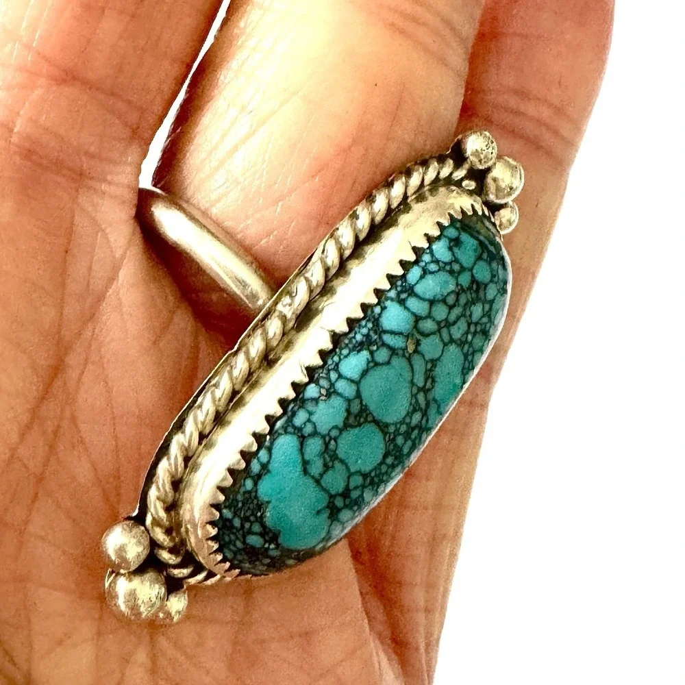 Navajo Spiderweb Turquoise Ring Sz 8.5 Long Sterling Native American Unique